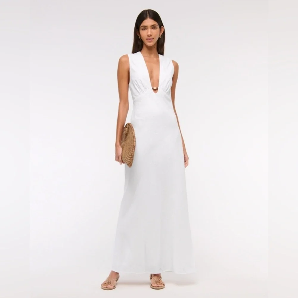 Abercrombie and Fitch Beaded Plunge Linen-Blend Maxi Dress NEW size XS
